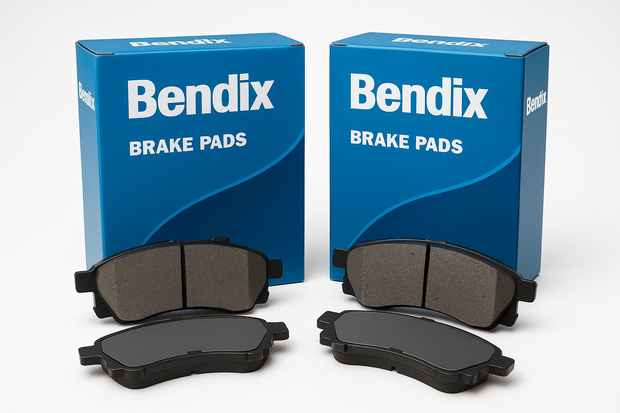 2 boxes of Bendix brake pads with the contents of the boxes displayed in front of the boxes with branding showing prominently