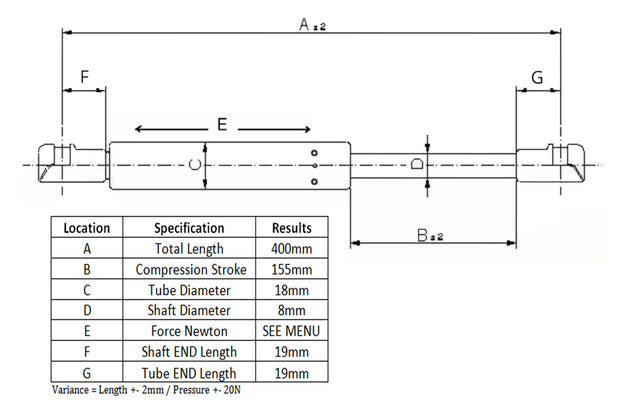 Canopy gas struts 400mm - 200N - Adjustable - Flexiglass - ARB - Tourertop - TJM (Pair)