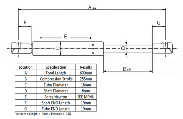 CANOPY GAS STRUTS 600mm - 600N - ADJUSTABLE - FLEXIGLASS - ARB - TOURERTOP - TJM (PAIR)